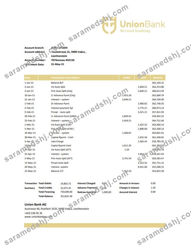 Liechtenstein Union Bank AG bank statement easy to fill template in Excel and PDF format